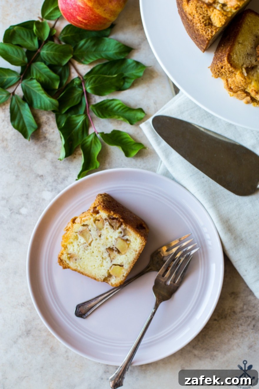 Old Fashioned Apple Spice Cake 9 A beautiful slice of Jewish Apple Cake on a white plate, accompanied by two forks, ready for a delightful tasting experience.
