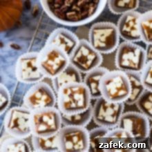 Overhead photo of Pumpkin Spice White Chocolate Pecan Caramels in white paper cups