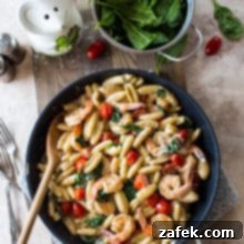 Creamy Garlic Shrimp Pasta with Sun-Kissed Tomatoes and Tender Spinach 7 Overhead photo of skillet filled with Shrimp Pasta with Garlic Cream Sauce Tomatoes and Spinach