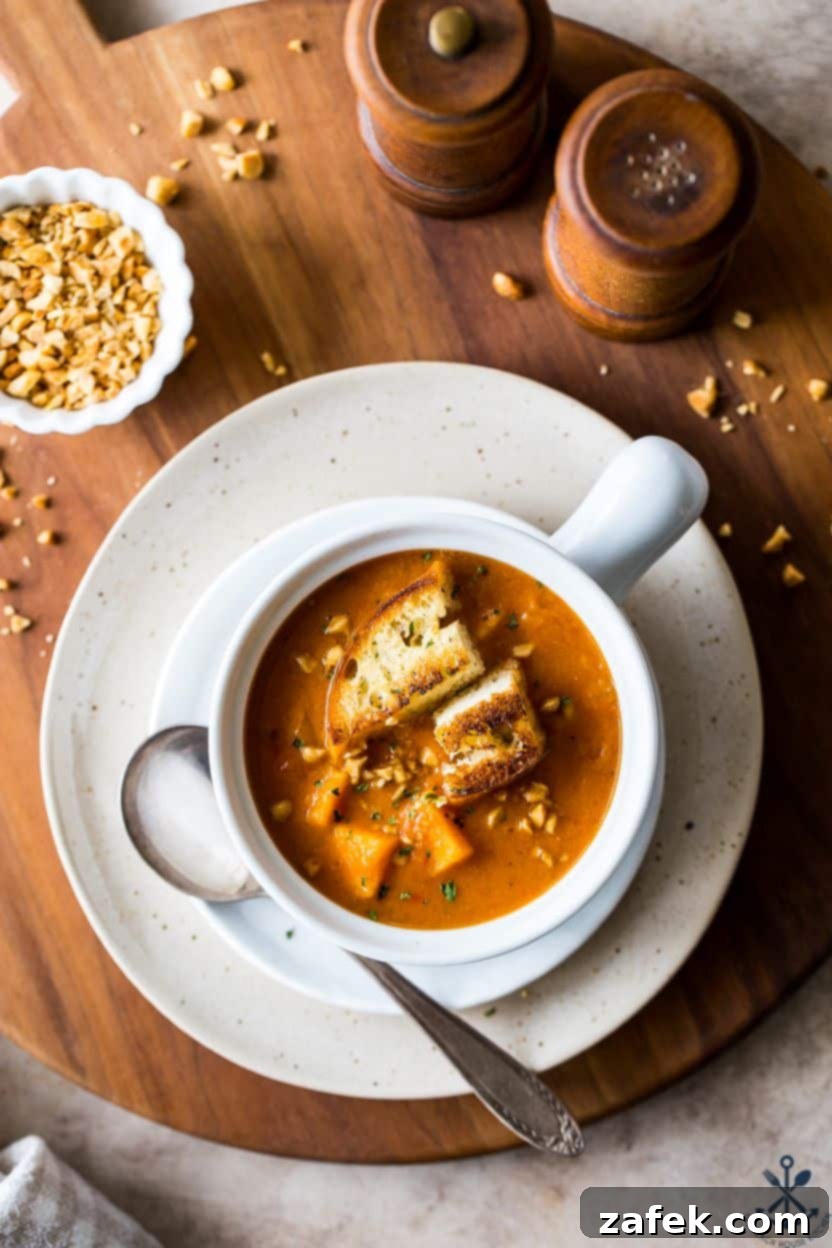 West African Peanut Sweet Potato Stew 2 Overhead photo of a bowl of African Peanut Sweet Potato Stew, garnished with peanuts and fresh herbs.