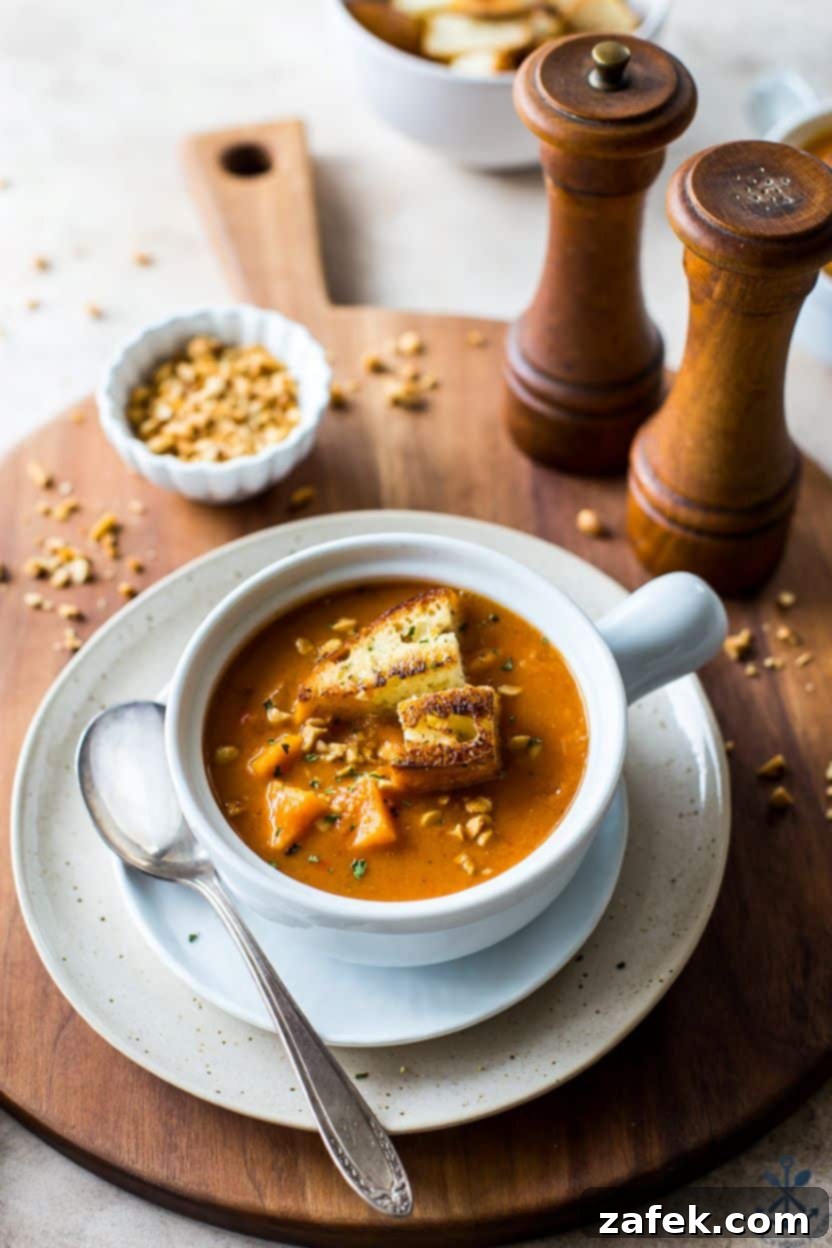 West African Peanut Sweet Potato Stew 3 A beautiful bowl of creamy sweet potato stew with a spoon, set on a rustic wooden tray.