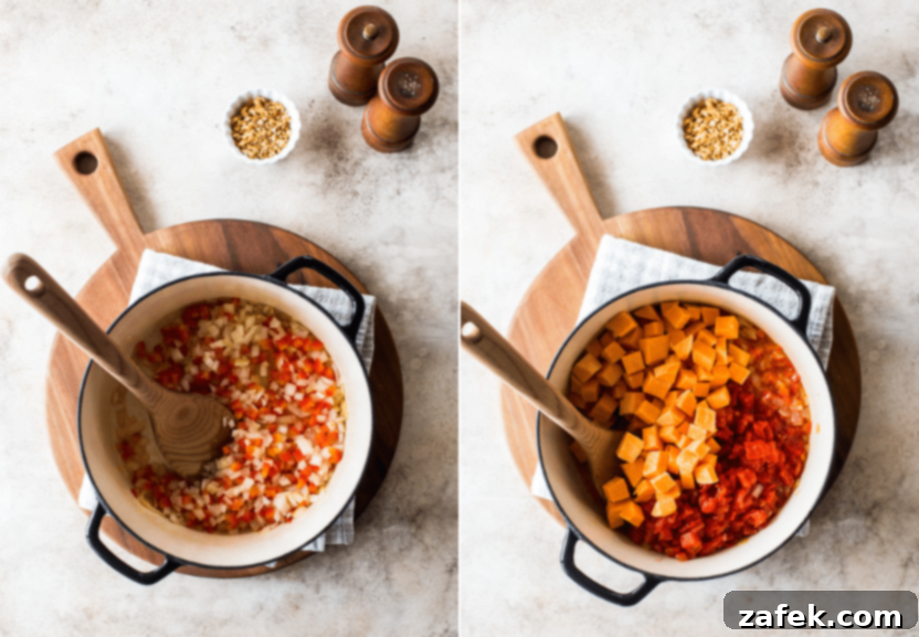 West African Peanut Sweet Potato Stew 4 Diptich showing steps of cooking onions and peppers, then adding other ingredients for stew.