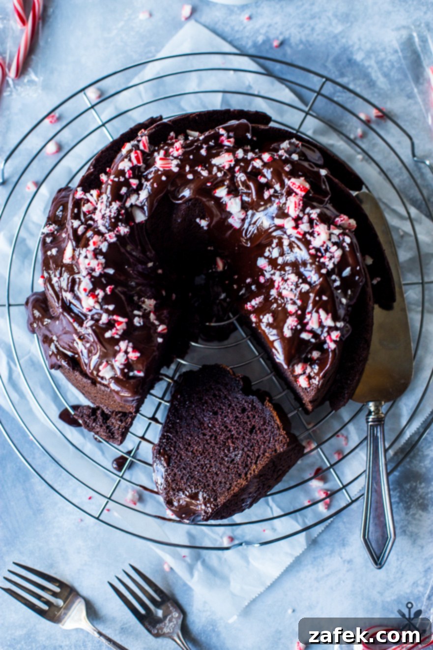 Peppermint Kissed Double Chocolate Decadence 2 Overhead photo of chocolate bundt cake on a round wire rack