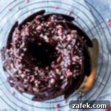 Peppermint Kissed Double Chocolate Decadence 11 Overhead photo of Double Chocolate Cake with Chocolate Peppermint Ganache on a round wire rack