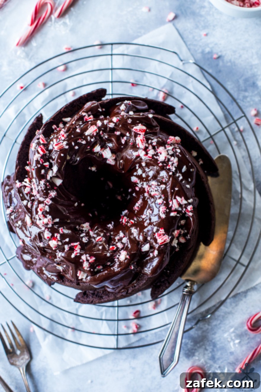 Peppermint Kissed Double Chocolate Decadence 6 Up close overhead photo of Double Chocolate Cake with Chocolate Peppermint Ganache