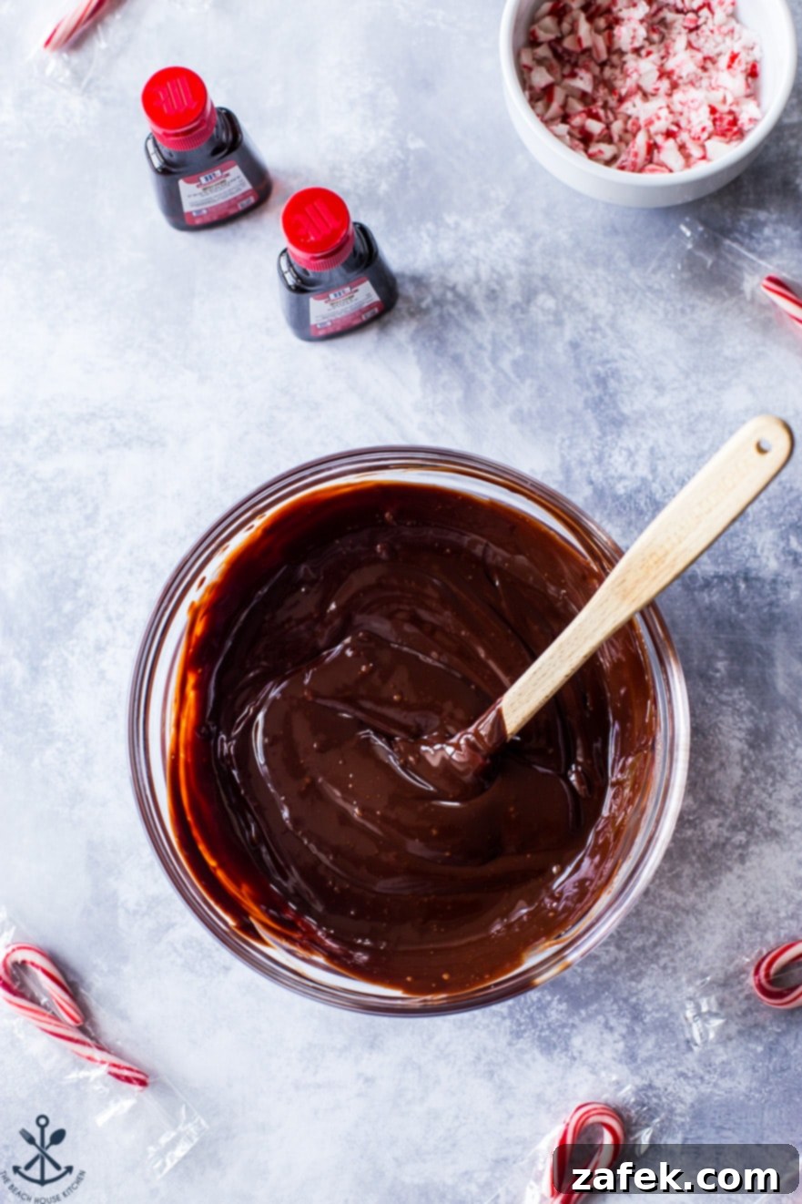 Peppermint Kissed Double Chocolate Decadence 9 Overhead photo of a bowl filled with melted chocolate and a spatula