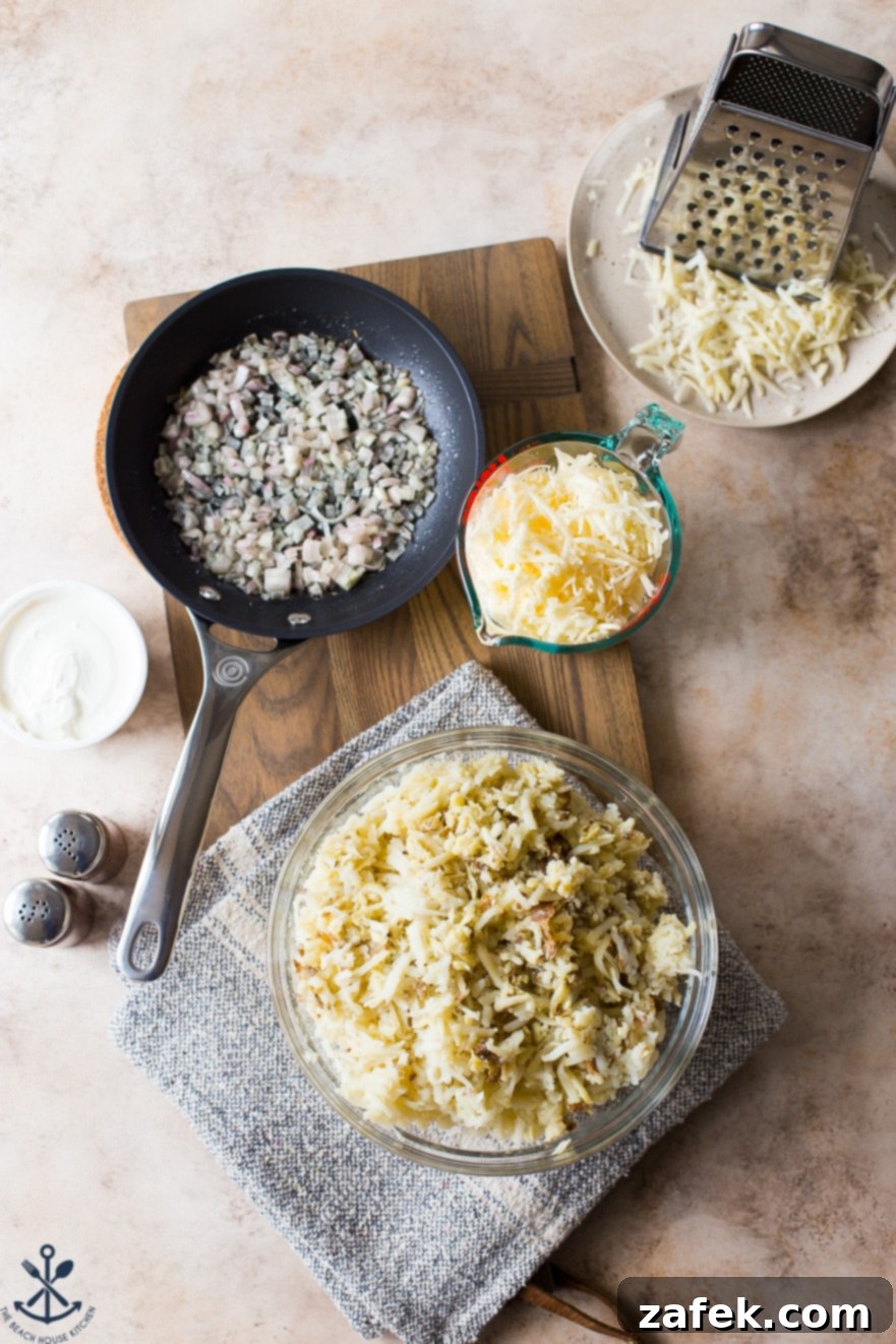 Overhead photo of ingredients for potatoes romanoff in bowls and frying pan