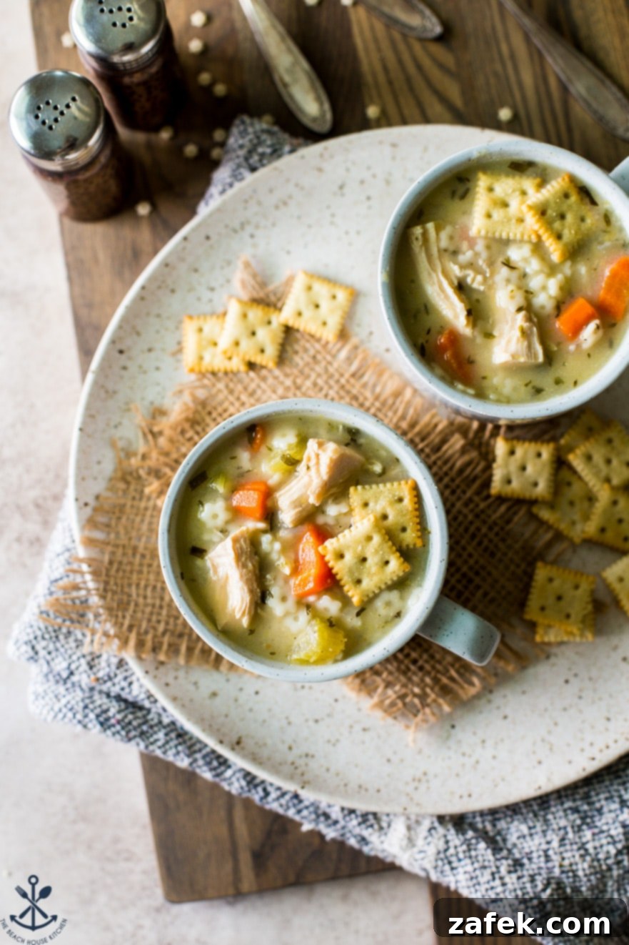 Up close, overhead photo of two mugs filled with chicken soup