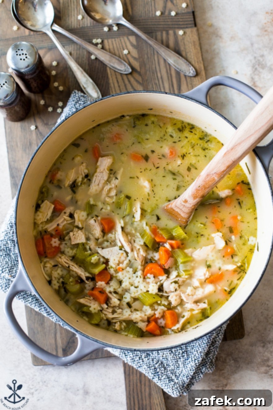 Up close, overhead photo of pot filled with chicken soup with star pasta