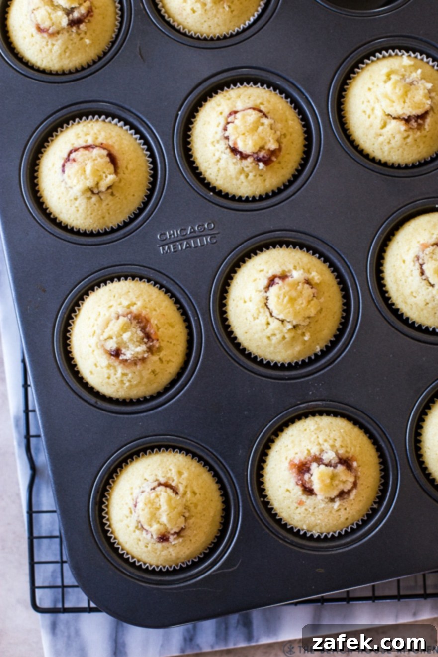 Overhead photo of vanilla cupcakes, expertly cored and filled with sweet strawberry preserves