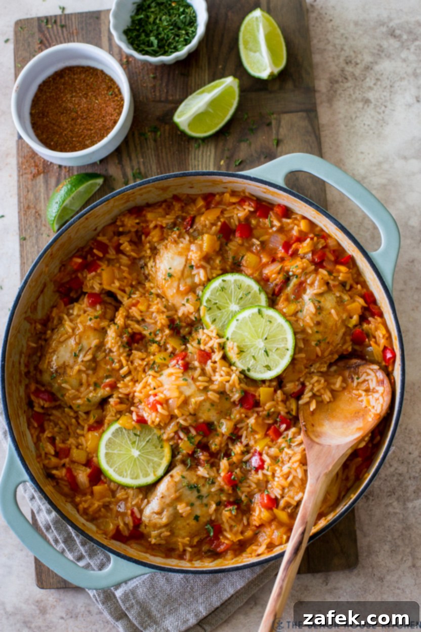 Overhead photo of a salsa chicken and rice skillet dinner