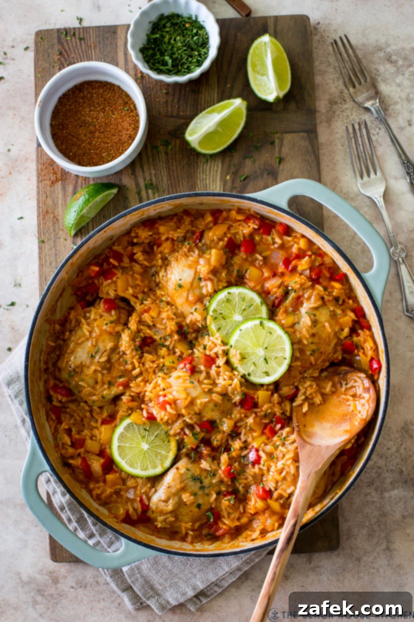 Overhead photo of a skillet one pot salsa chicken and rice