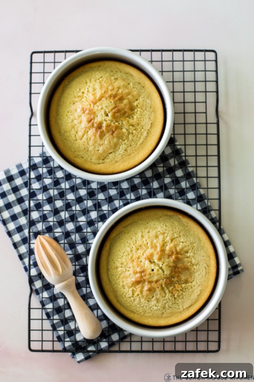 Overhead photo of two baked lemon cake layers cooling on a wire rack with a wooden lemon juicer