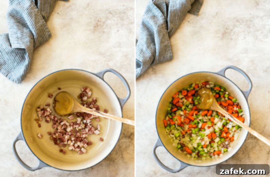 Comforting Lentil and Chickpea Soup 5 Diptych showing two stages of cooking: first a pot with crispy pancetta, and second a pot with sautéed chopped carrots, celery, and onion