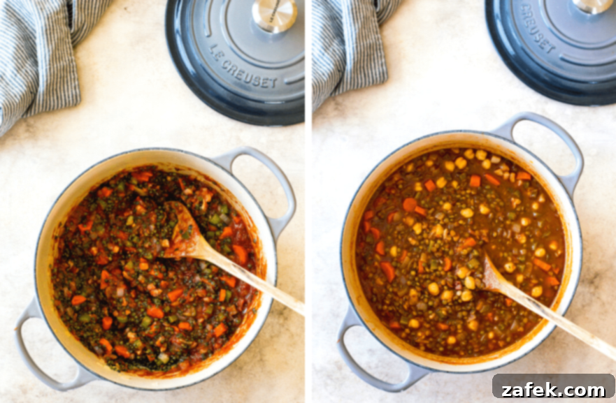 Comforting Lentil and Chickpea Soup 6 Diptych showing two stages of soup preparation: first a pot with lentils and vegetables before simmering, and second a full pot of finished lentil soup