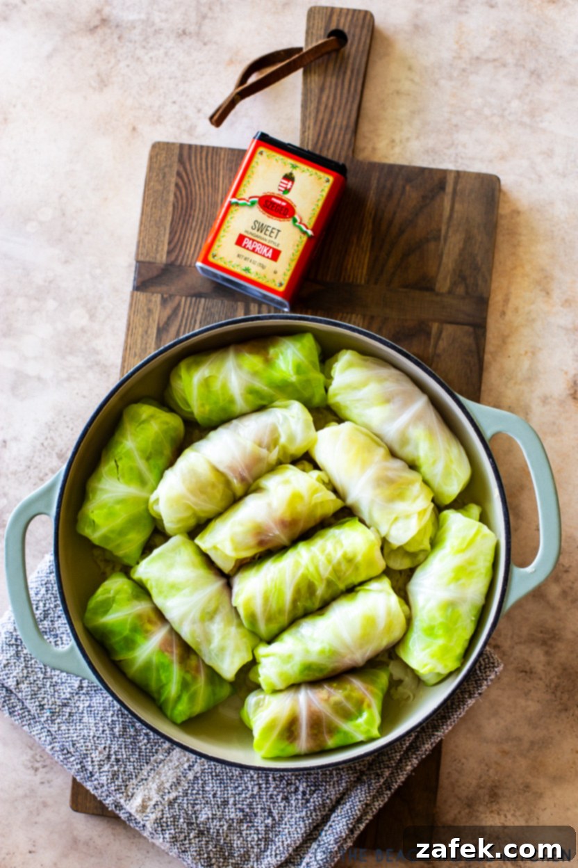 Overhead photo of a skillet of pre-cooked rolled stuffed cabbages