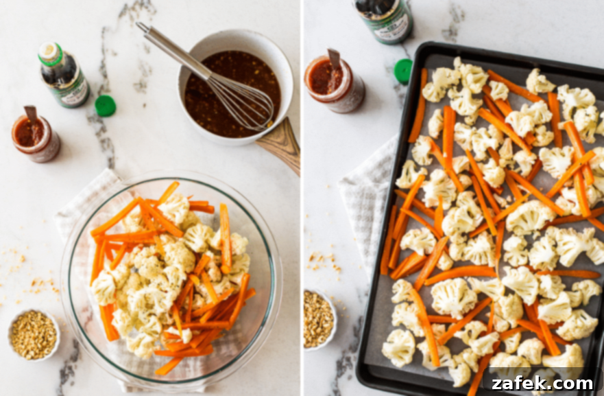 Diptych of cauliflower and carrots in a bowl before roasting and cauliflower and carrots spread on a sheet pan