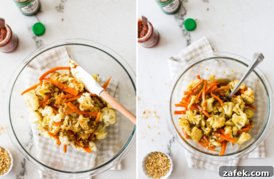 Diptych of cauliflower and carrots in a bowl with olive oil before mixing and close-up of julienned carrots