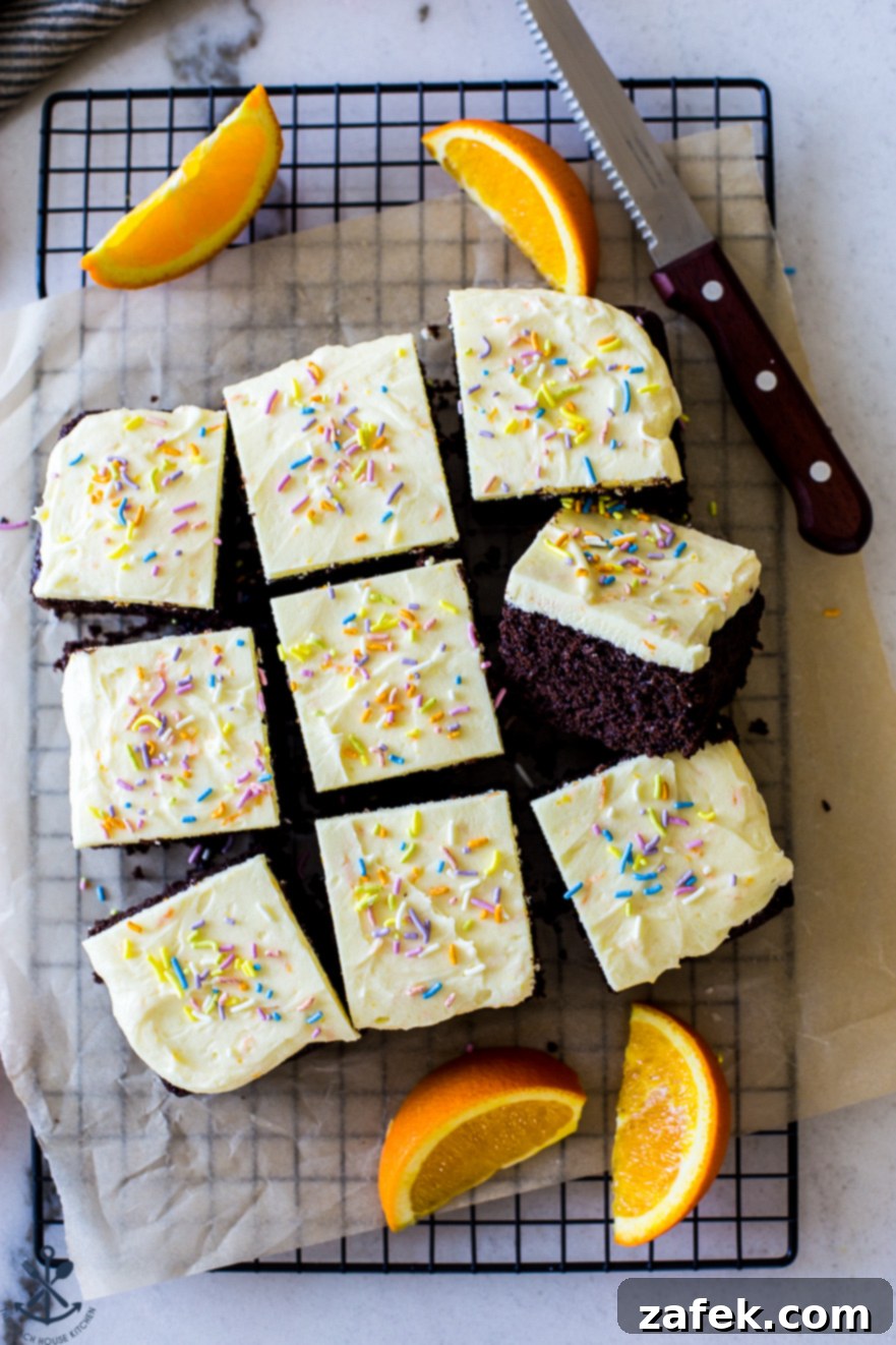 Overhead of the photo of iced chocolate cake surrounded by orange slices and a sharp knife, highlighting the vibrant orange buttercream against the dark chocolate cake