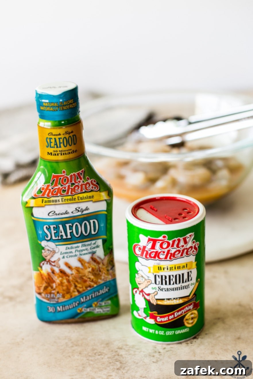 Effortless Sheet Pan Shrimp Fajitas 4 A bottle of Tony Chachere's Seafood Marinade and a can of creole seasoning