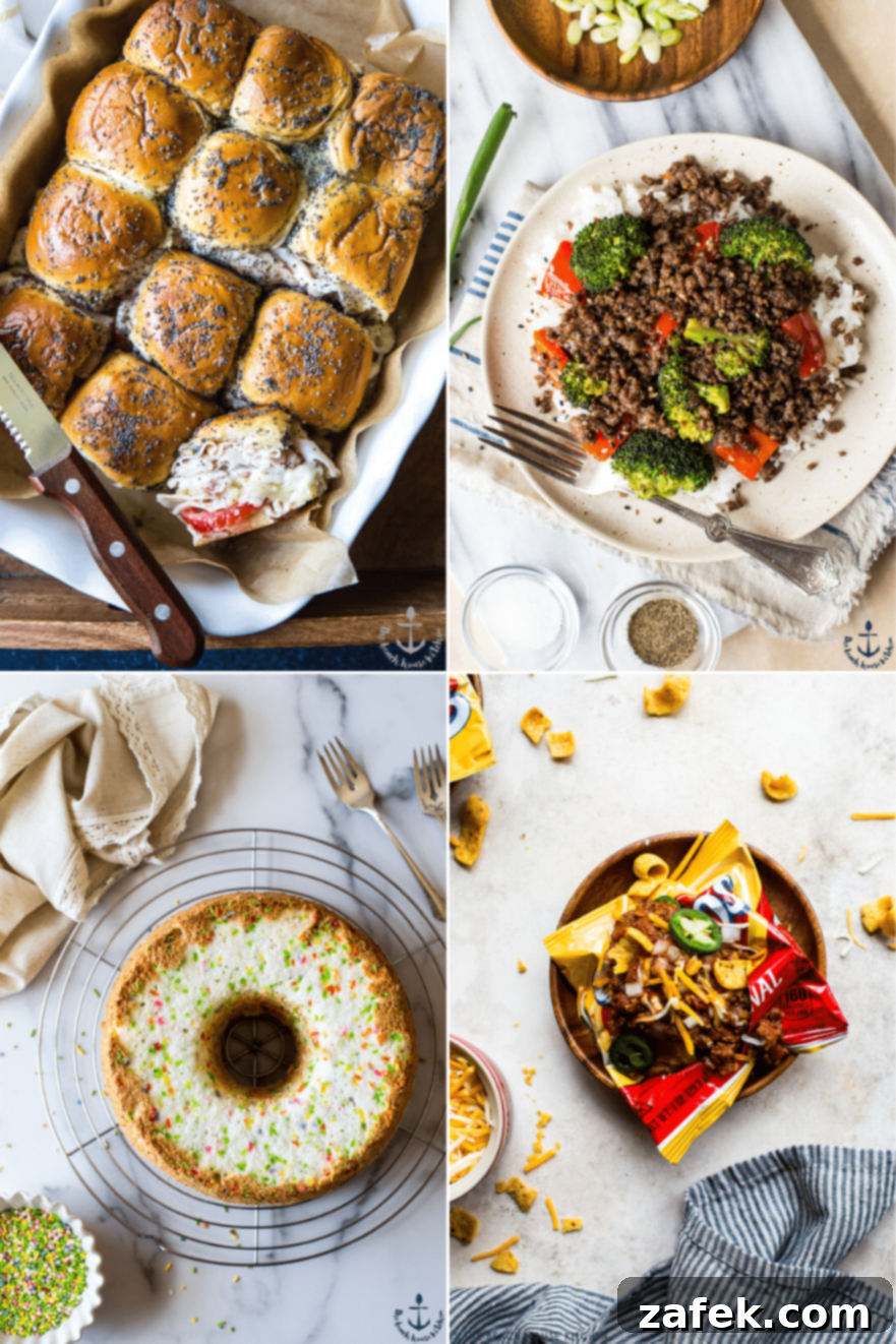 Vibrant Spring Table 3 A vibrant collage showcasing four diverse spring recipes: hearty sliders, a savory beef dish, a colorful angel food cake, and a comforting Frito pie.