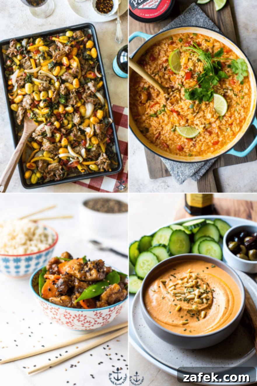 Vibrant Spring Table 4 A second collage featuring four more delicious spring recipe ideas: a vibrant sheet pan gnocchi, a creamy queso rice, savory sesame chicken, and a healthy red pepper hummus.