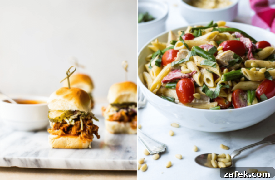 Vibrant Spring Table 5 A diptych featuring two appealing spring dishes: savory hot honey pulled chicken sliders and a fresh chicken pesto pasta salad, both perfect for entertaining.