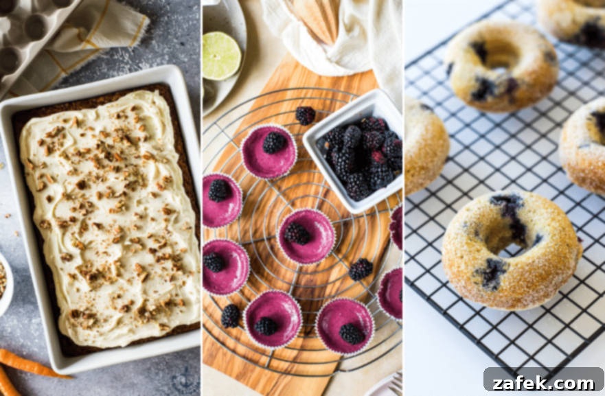 Vibrant Spring Table 6 A triptych displaying three delightful spring desserts: a classic carrot cake, mini blackberry silk pies, and scrumptious baked blueberry donuts.