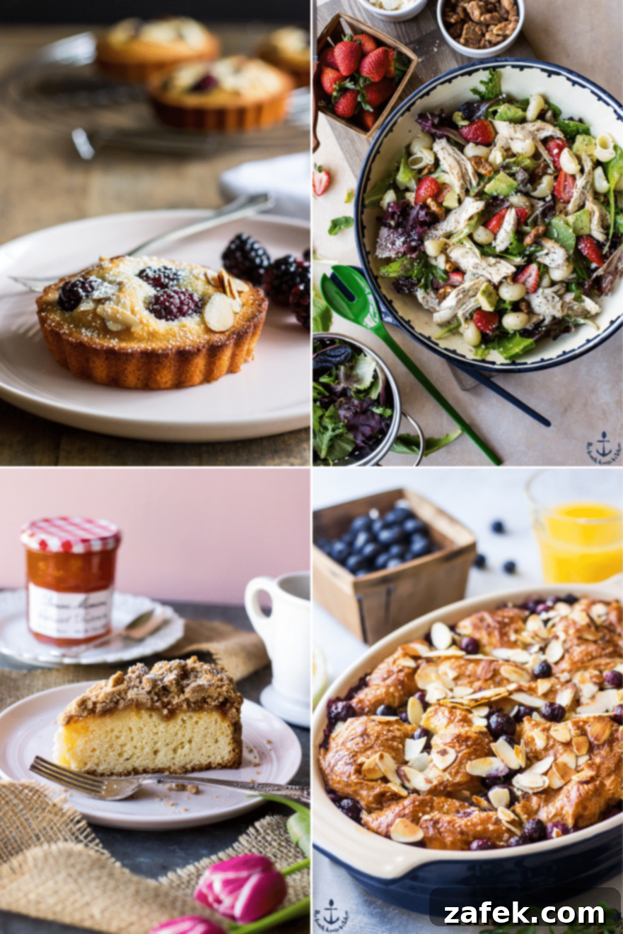 Vibrant Spring Table 7 A fourth collage of delectable spring recipes, including an almond blackberry financier, a strawberry avocado pasta salad, an apricot preserves crumb cake, and a blueberry croissant bread pudding.