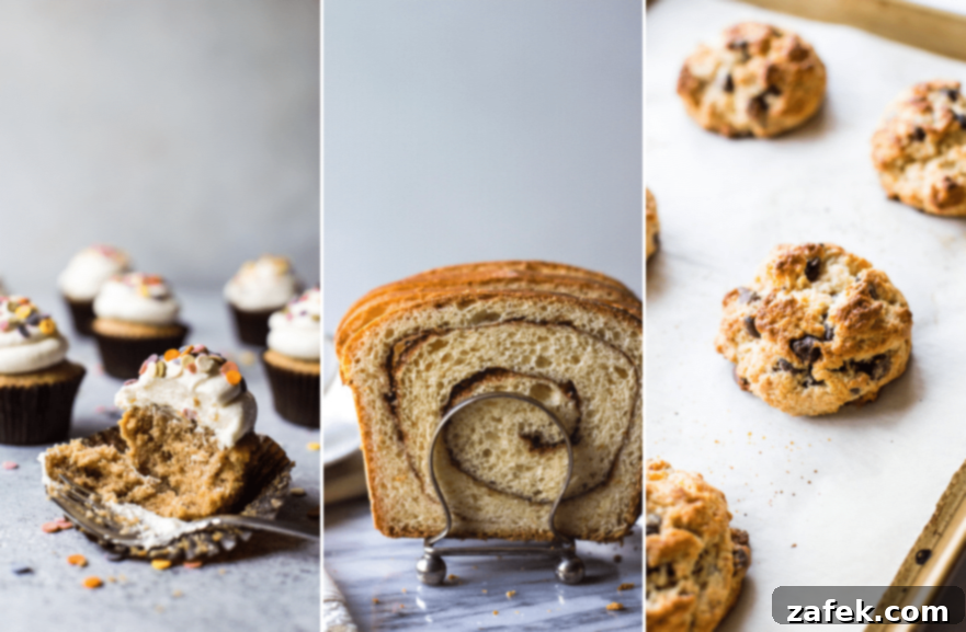 Vibrant Spring Table 8 A triptych featuring cozy spring breakfast and dessert ideas: elegant Earl Grey cupcakes, comforting cinnamon swirl bread, and delicious chocolate chip toasted coconut scones.
