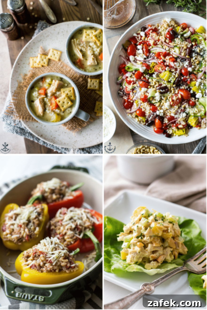 Vibrant Spring Table 9 A final collage showcasing four more essential spring recipes: a comforting lemony chicken soup, a fresh Greek couscous salad, hearty stuffed peppers, and a flavorful curried chicken salad.