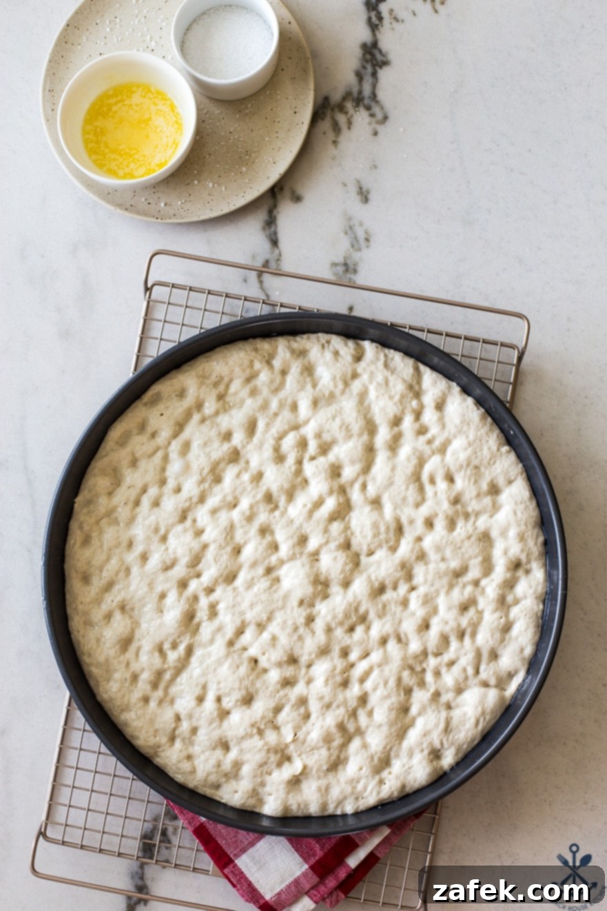 Overhead photo of round baking pan filled with bread dough