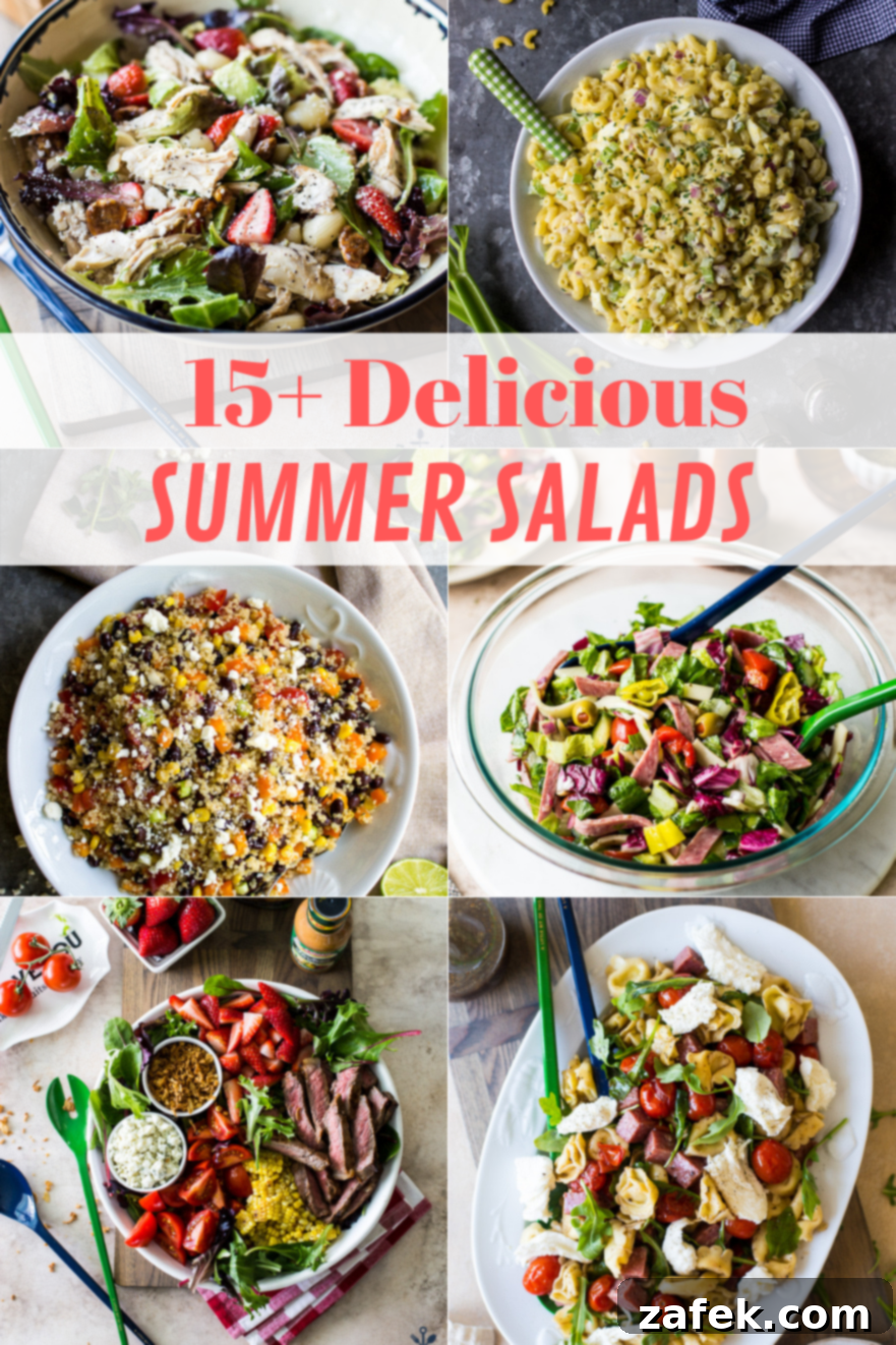 Over 15 Fresh Summer Salad Recipes 2 Collection of various vibrant and delicious summer salads, perfect for picnics and parties, showcasing fresh ingredients and appealing presentations.
