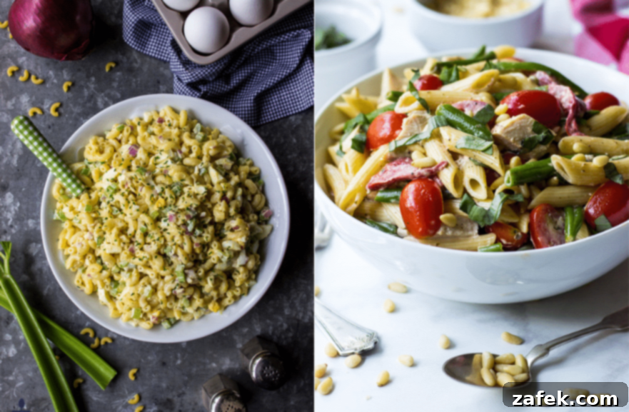Over 15 Fresh Summer Salad Recipes 3 Two vibrant pasta salads, one creamy macaroni salad and one pesto chicken pasta salad, presented for a delightful summer meal.
