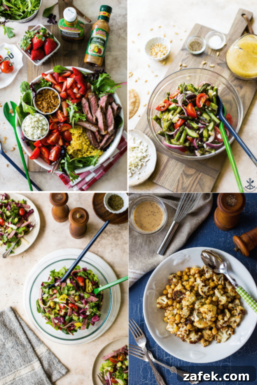Over 15 Fresh Summer Salad Recipes 4 A vibrant collage showcasing four diverse summer salads, including a zesty grilled steak salad, a hearty roasted cauliflower and chickpea salad, a fresh grilled asparagus salad, and a robust Italian chopped salad.