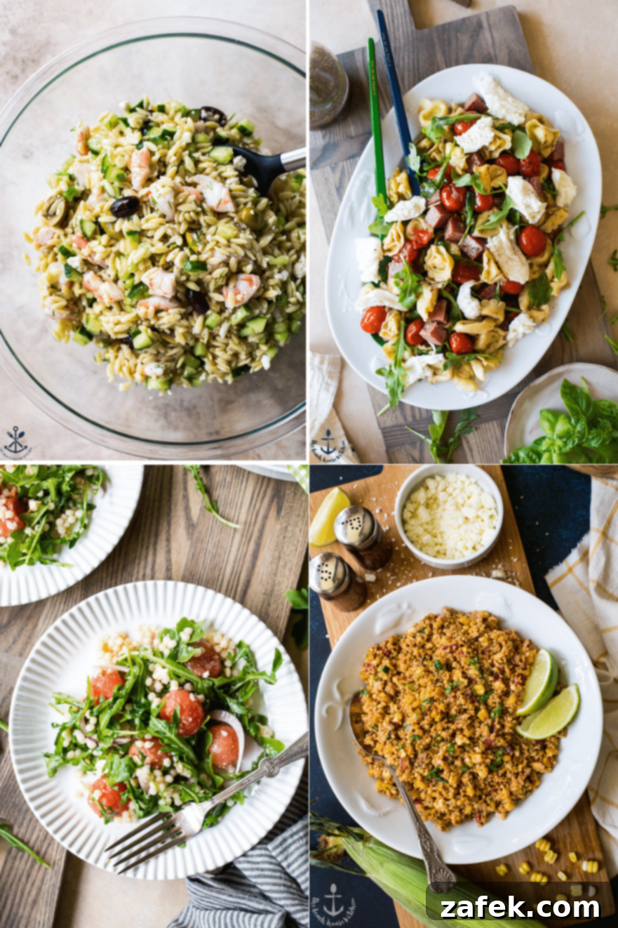 Over 15 Fresh Summer Salad Recipes 5 Collage featuring four diverse and appealing summer salads, showcasing fresh ingredients and vibrant presentations suitable for various dining occasions.