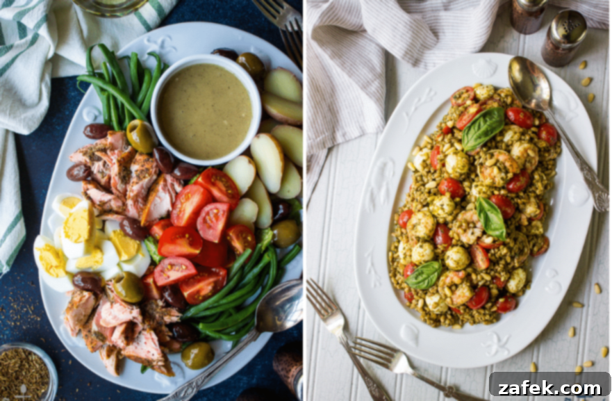 Over 15 Fresh Summer Salad Recipes 6 A two-part collage featuring a hearty Salmon Niçoise Salad with eggs and vegetables, and a fresh Farro Caprese Salad with Shrimp, both ideal for healthy summer dining.