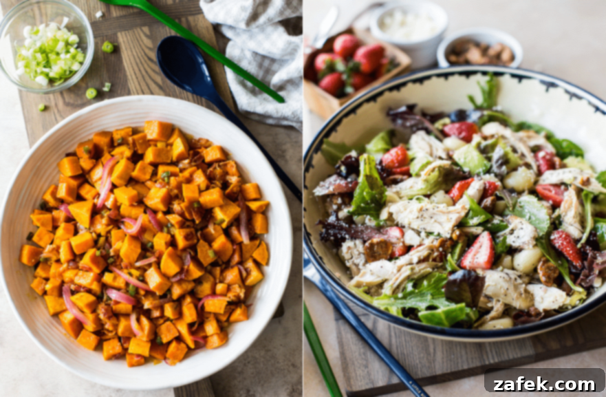 Over 15 Fresh Summer Salad Recipes 7 A two-part collage showing a refreshing Chicken Strawberry Avocado Pasta Salad with creamy dressing and a zesty Spicy Sweet Potato Salad, both ideal for warm weather gatherings.