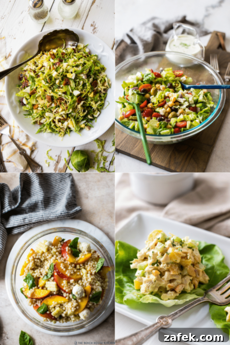 Over 15 Fresh Summer Salad Recipes 8 A comprehensive collage featuring four more delicious summer salads, including shaved Brussels sprouts with bacon, Greek chickpea with green goddess, peach corn caprese couscous, and curried chicken salad, offering diverse tastes.