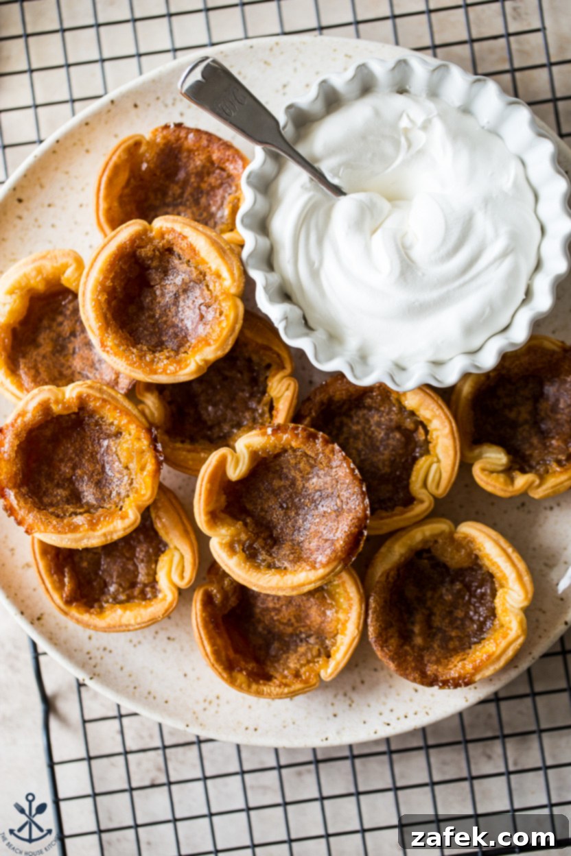 Up close overhead photo of a plate of Canadian Butter Tarts with a bowl of whipped cream