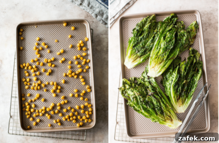 Chargrilled Chicken Caesar with Roasted Chickpea Crunch 6 A two-part image displaying a sheet pan filled with perfectly roasted, golden-brown chickpeas and another sheet pan featuring charred, grilled romaine lettuce halves, illustrating two key prepared components of the salad.