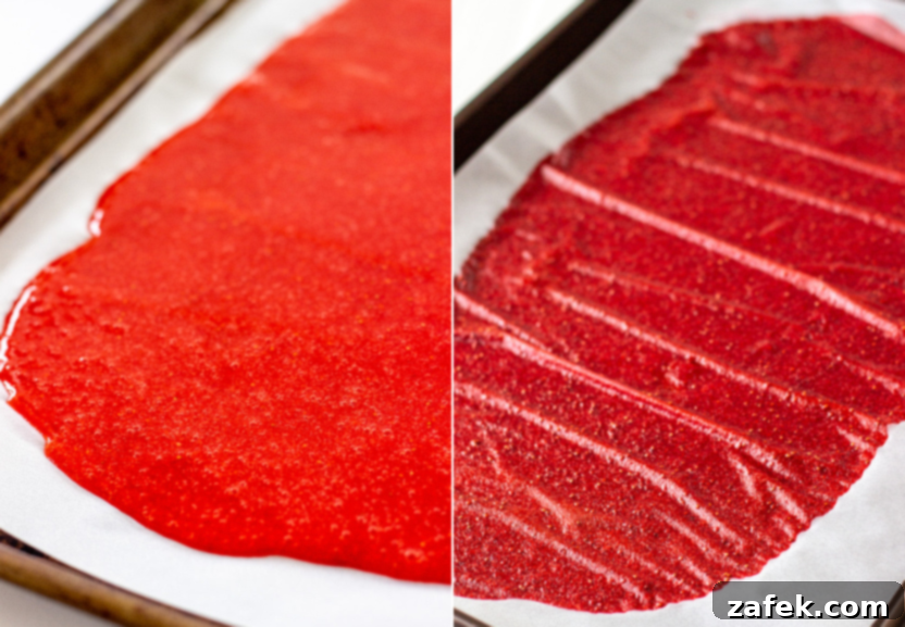Strawberry Swirls for School Days 5 Diptich showing first step of making strawberry fruit roll-ups: blending ingredients and spreading on parchment paper
