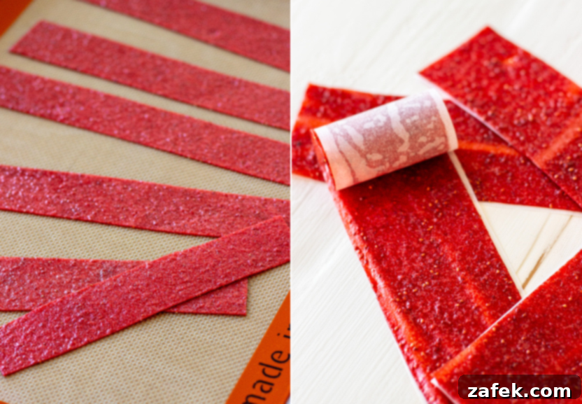 Strawberry Swirls for School Days 6 Diptich showing second step of making strawberry fruit roll-ups: baking and then cutting into strips