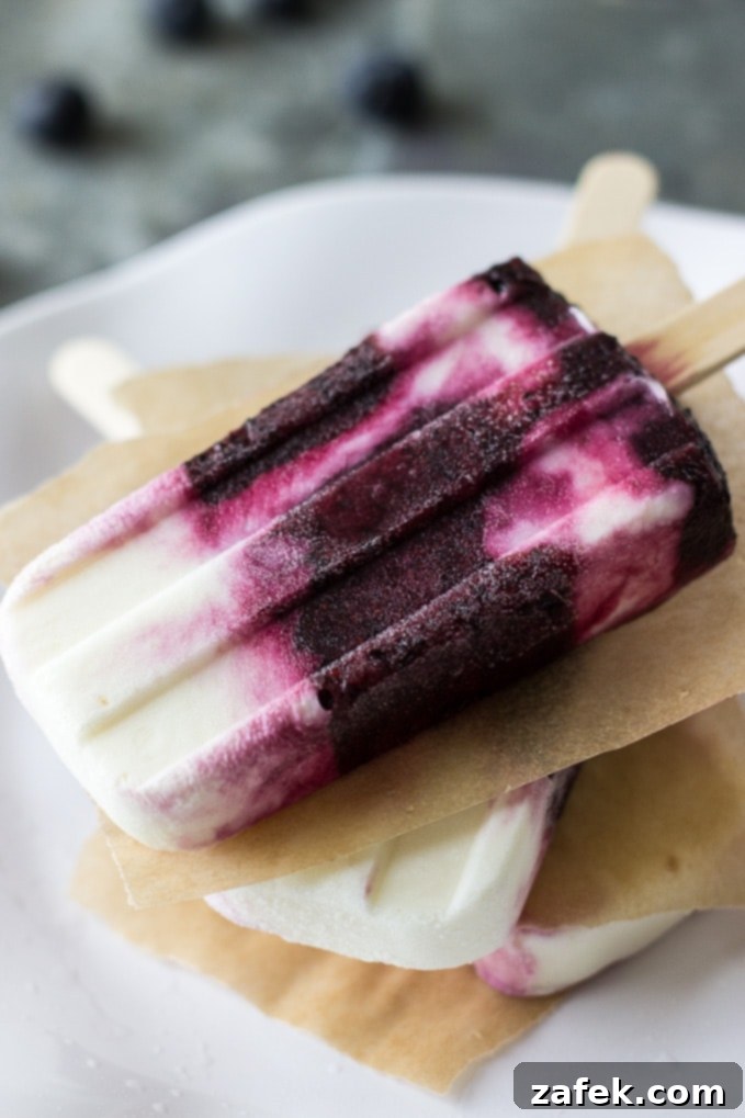 Marbled Blueberry Vanilla Pops 5 Close-up of a Blueberry Vanilla Swirl Popsicle, showing the beautiful swirl