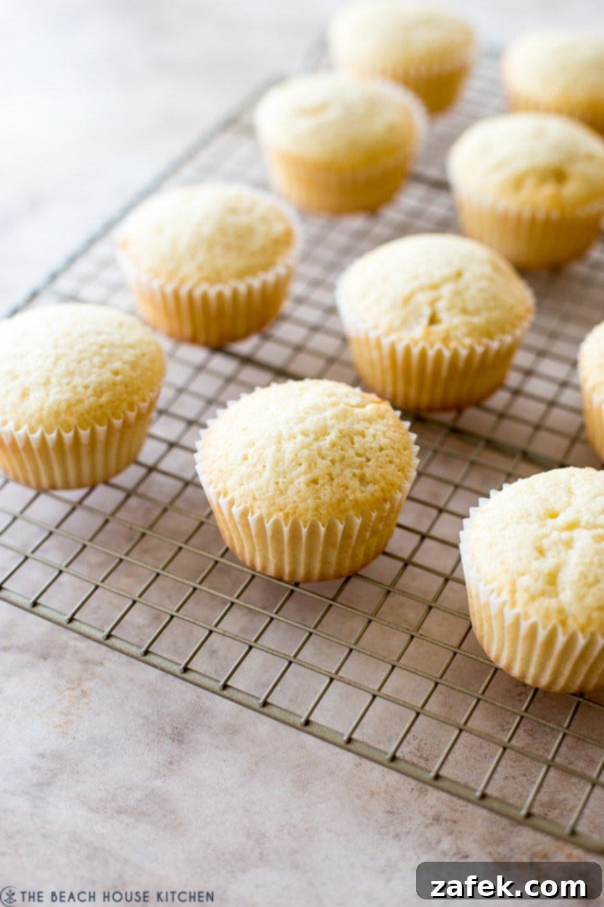 A perfectly arranged row of plain, unfrosted coconut cupcakes cooling gracefully on a wire rack, ready for the next delicious steps.
