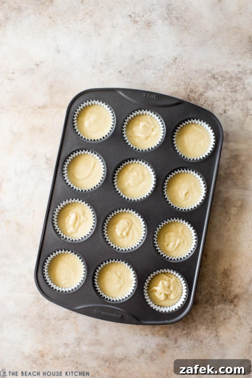 Overhead perspective of unbaked cupcake batter neatly scooped into paper liners within a cupcake tin, perfectly prepared and ready to be placed in the oven.