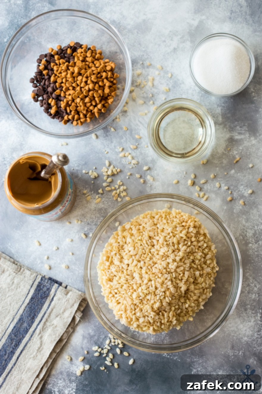 Sweet and Salty Peanut Butter Crunch Bars 5 Six cups of crispy rice cereal poured into a large mixing bowl, ready for the peanut butter mixture