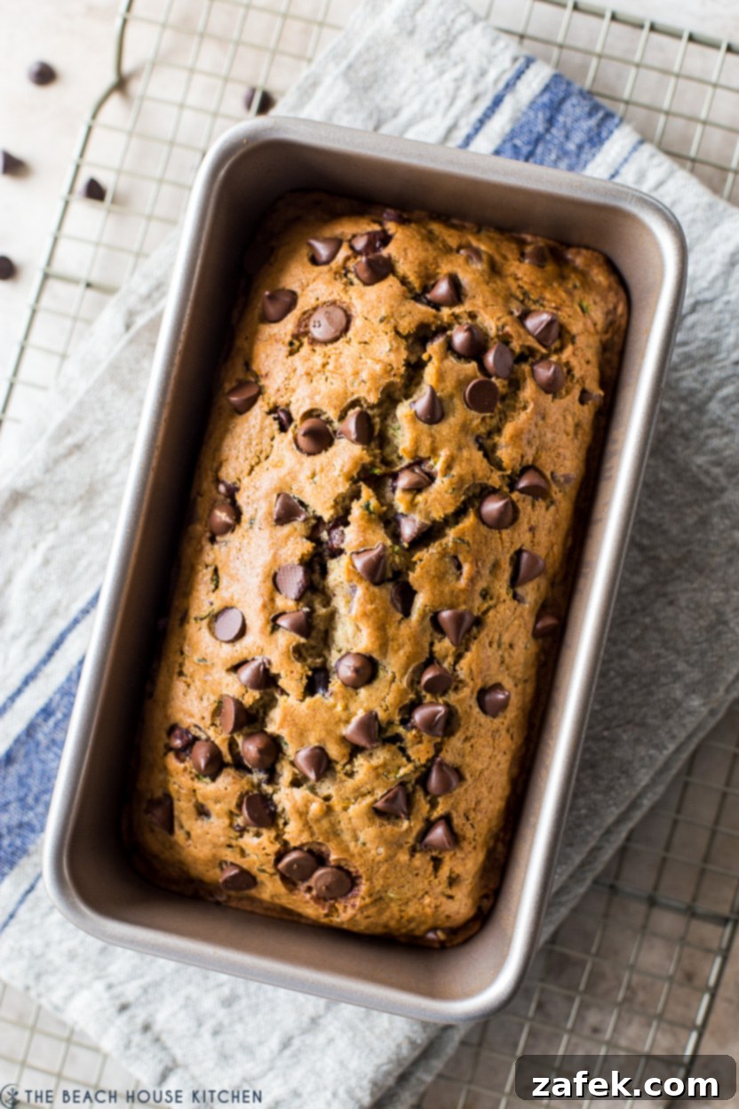 Decadent Chocolate Chip Zucchini Loaf 2 Up close overhead photo of a chocolate chip zucchini bread in a loaf pan, perfectly golden brown with melted chocolate chips on top.