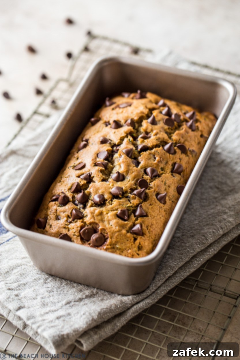 Decadent Chocolate Chip Zucchini Loaf 5 A golden brown loaf of chocolate chip zucchini bread sitting in its loaf pan.