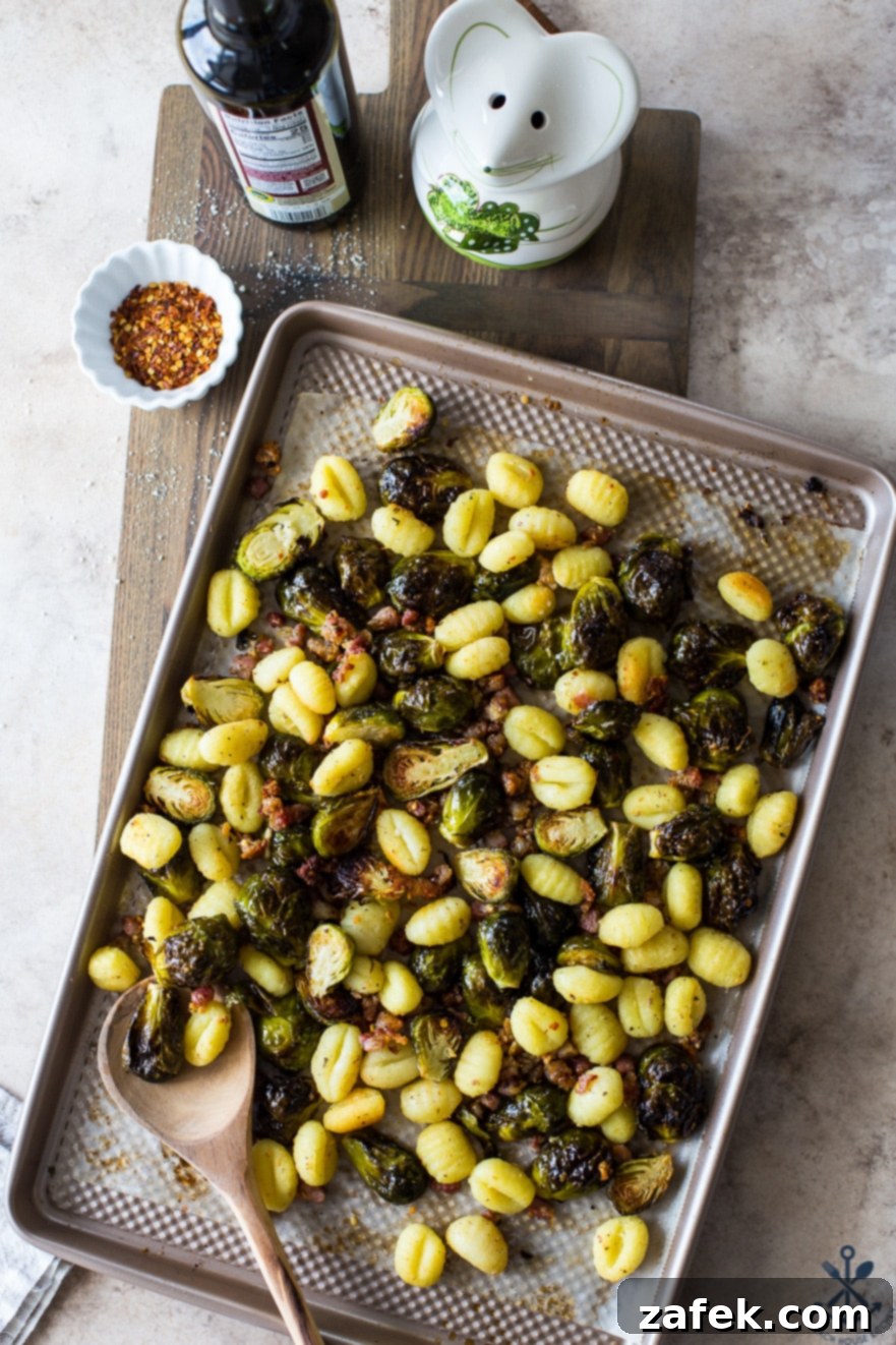 One-Pan Gnocchi Feast with Pancetta and Roasted Brussels 6 Overhead photo of a beautifully plated Sheet Pan Gnocchi with Brussels Sprouts and Pancetta, ready to be served